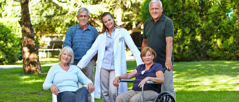group of seniors and a caregiver
